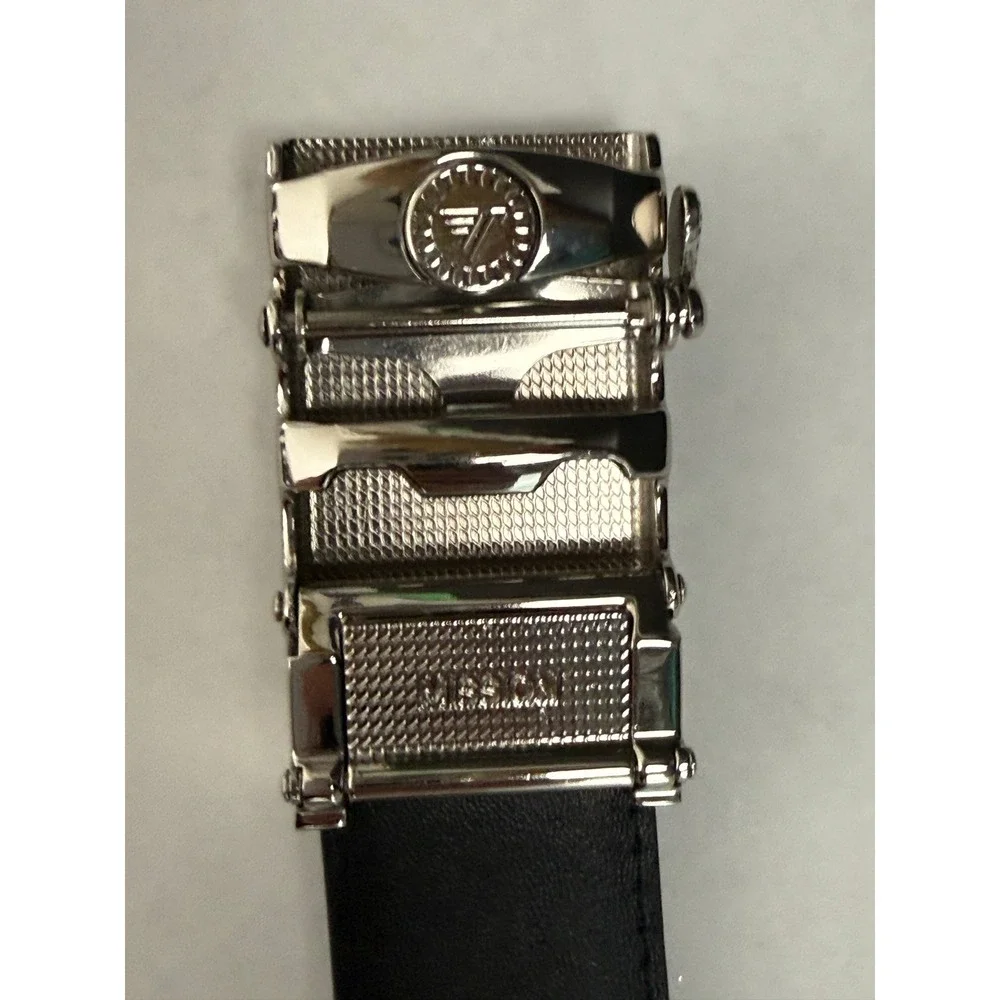 Mission Belt Mens Black Thick Leather Ratchet Belt Silver Buckle Slide No Holes